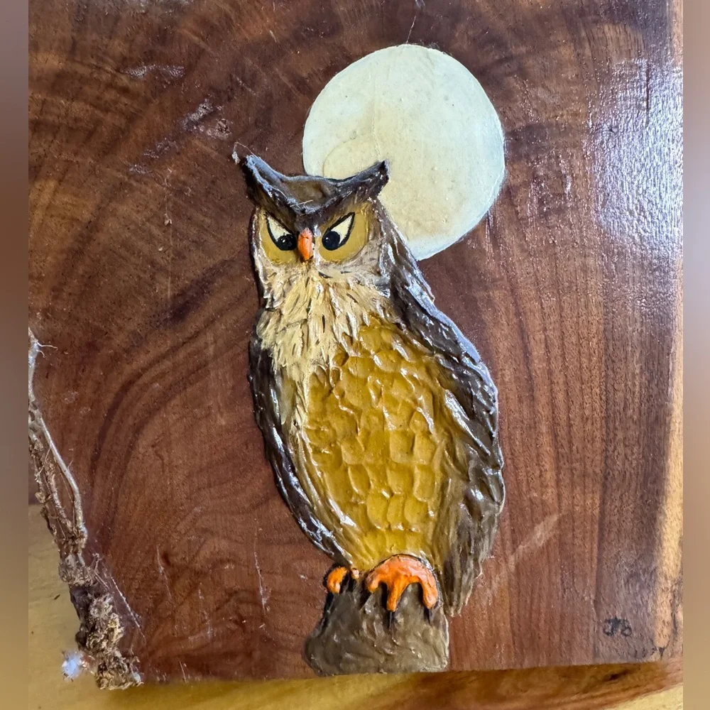 MCM wood slab with‎ painted owl clock signed JO 1979